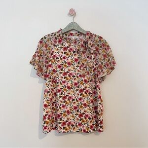 Ivy Ridge Floral Botanical Flowy Blouse with Tie Neck